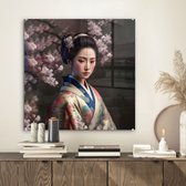 MuchoWow® Glasschilderij 50x50 cm - Schilderij acrylglas - Vrouw - Sakura - Kimono - Aziatisch - Portret - Foto op glas - Schilderijen