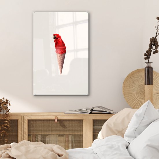 MuchoWow® Peinture sur verre 40x60 cm - Peinture sur verre acrylique - Glace - Perroquet - Rouge - Cornets de glace - Wit - Photo sur verre - Peintures