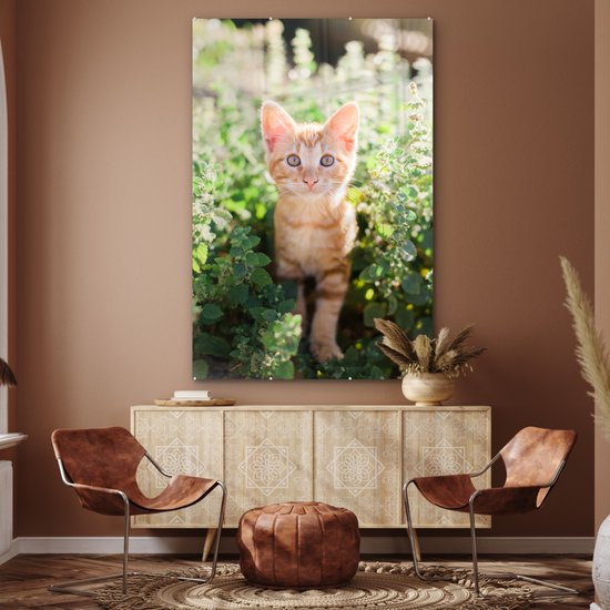 MuchoWow® Peinture sur verre 100x150 cm - Peinture sur verre acrylique - Un portrait d'un chaton dans les buissons - Photo sur verre - Peintures