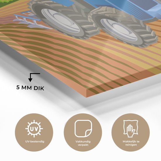 MuchoWow® Glasschilderij 150x100 cm - Schilderij acrylglas - Trekker - Boer - Wolken - Foto op glas - Schilderijen