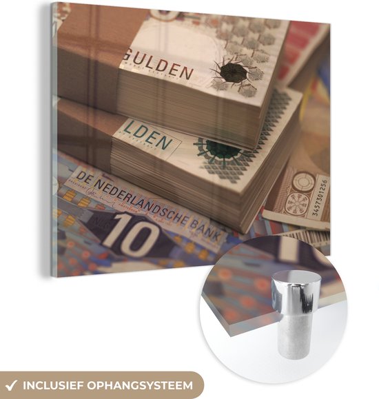 MuchoWow® Peinture sur verre 120x90 cm - Peinture sur verre acrylique - Gros plan de plusieurs piles de florins Nederland - Photo sur verre - Peintures