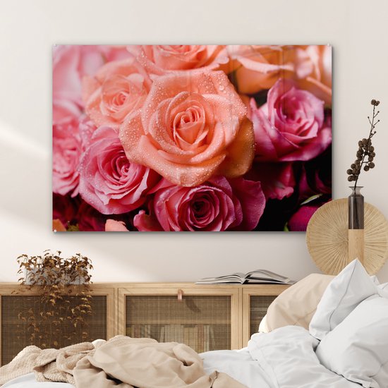 ® Glasschilderij 120x80 cm - Schilderij acrylglas - Natte rozen met dauw - Foto op glas - Muurdecoratie woonkamer - Wanddecoratie slaapkamer - Schilderijen