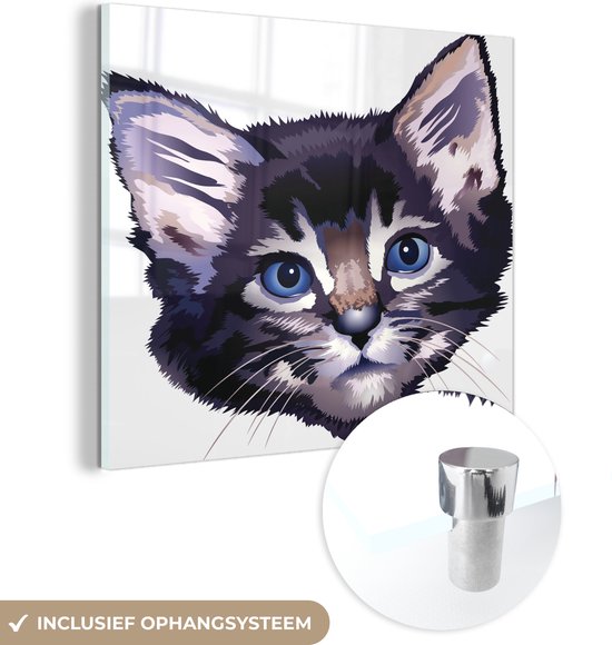 MuchoWow® Glasschilderij 20x20 cm - Schilderij acrylglas - Een illustratie van een kat met blauwe ogen - Foto op glas - Schilderijen