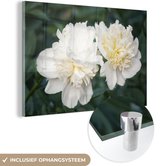 MuchoWow® Glasschilderij 60x40 cm - Schilderij acrylglas - Bloeiende witte pioenrozen - Foto op glas - Schilderijen