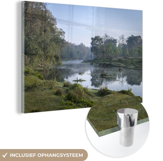MuchoWow® Glasschilderij 60x40 cm - Schilderij acrylglas - Zonsopgang bij de rivier in het Nationaal park Chitwan in Nepal - Foto op glas - Schilderijen