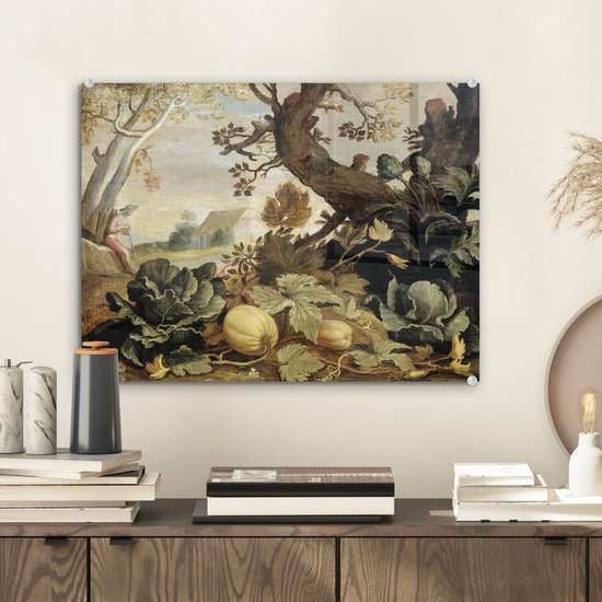 MuchoWow® Peinture sur verre 40x30 cm - Peinture sur verre - Paysage avec légumes et fruits au premier plan - Abraham Bloemaert - Art - Vintage - Photo sur verre acrylique - Peintures
