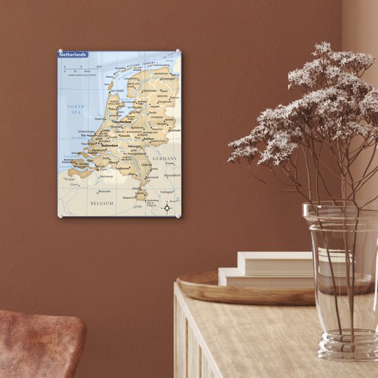 MuchoWow® Glasschilderij 30x40 cm - Schilderij acrylglas - Bruine kaart van Nederland - Foto op glas - Schilderijen