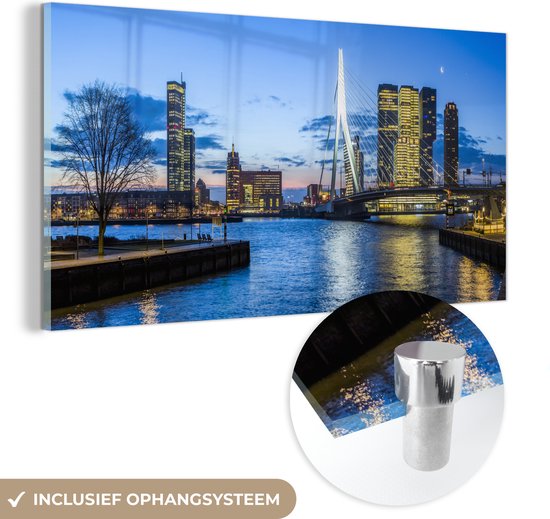 MuchoWow® Glasschilderij 40x20 cm - Schilderij acrylglas - Rotterdam - Erasmus - Brug - Nacht - Foto op glas - Schilderijen