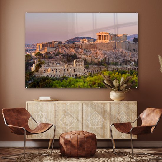® Glasschilderij 180x120 cm - Schilderij acrylglas - Tempel - Griekenland - Berg - Foto op glas - Muurdecoratie woonkamer - Wanddecoratie slaapkamer - Schilderijen