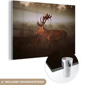 MuchoWow® Glasschilderij 60x40 cm - Schilderij acrylglas - Hert - Bos - Mist - Foto op glas - Schilderijen