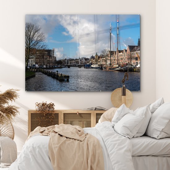 ® Glasschilderij 150x100 cm - Schilderij acrylglas - Brug - Haarlem - Centrum - Foto op glas - Muurdecoratie woonkamer - Wanddecoratie slaapkamer - Schilderijen