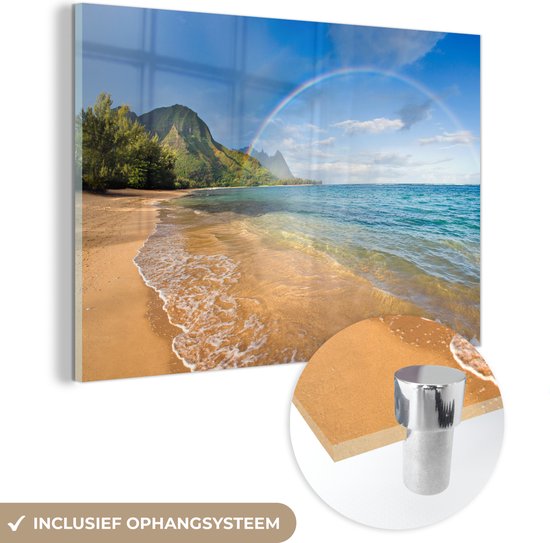 MuchoWow® Glasschilderij 30x20 cm - Schilderij acrylglas - Regenboog boven de zee van Kauai - Foto op glas - Schilderijen