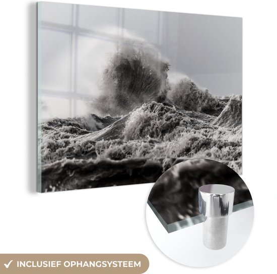 MuchoWow® Peinture sur verre 180x120 cm - Peinture sur verre acrylique - Vagues orageuses en noir et blanc - Photo sur verre - Peintures