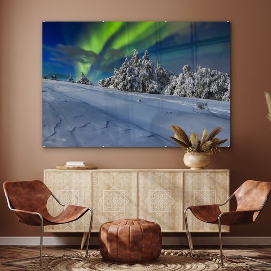 MuchoWow® Peinture sur verre 180x120 cm - Peinture sur verre - Aurores boréales - Neige - Arbre - Hiver - Photo sur verre acrylique - Peintures