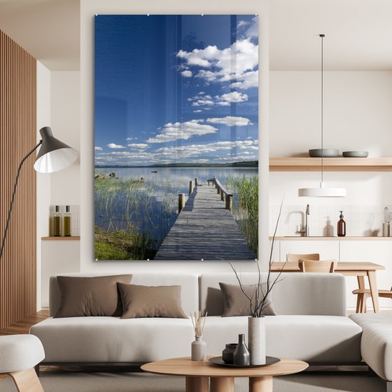 ® Glasschilderij 100x150 cm - Schilderij acrylglas - Korte steiger in Finland - Foto op glas - Muurdecoratie woonkamer - Wanddecoratie slaapkamer - Schilderijen