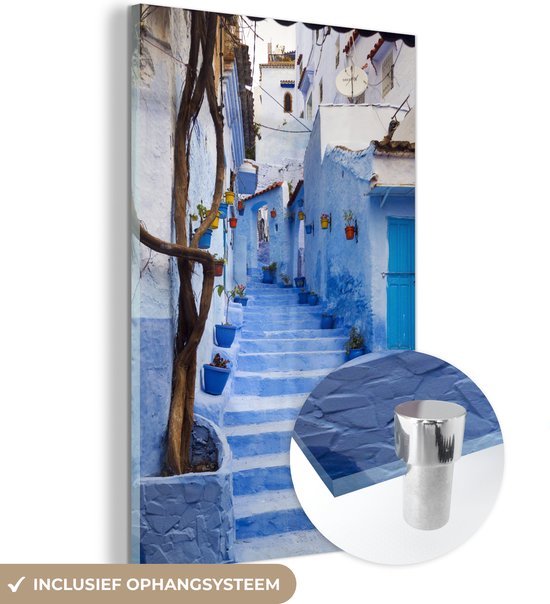 Glasschilderij - Kleurrijke straat in Marokko - Acrylglas Schilderijen - Foto op Glas