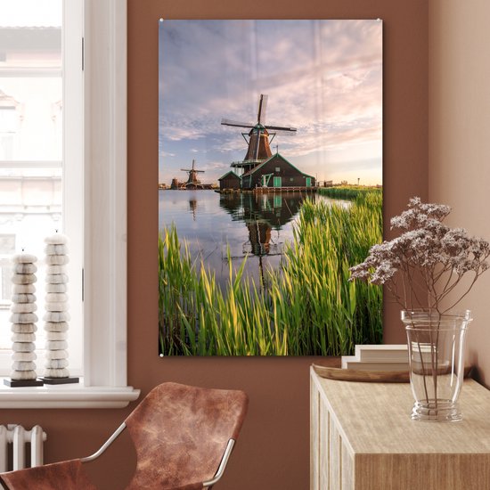 Peinture sur verre - Moulins à Moulins à vent au bord de l'eau - 80x120 cm - Peintures Plexiglas