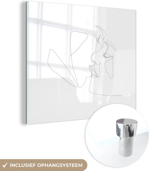 MuchoWow® Glasschilderij 50x50 cm - Schilderij acrylglas - Liefde - Relatie - Line art - Foto op glas - Schilderijen