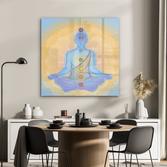 MuchoWow® Peinture sur Verre - Illustration du Moine aux Sept Chakras - 90x90 cm - Peintures sur Verre Acrylique - Photo sur Glas
