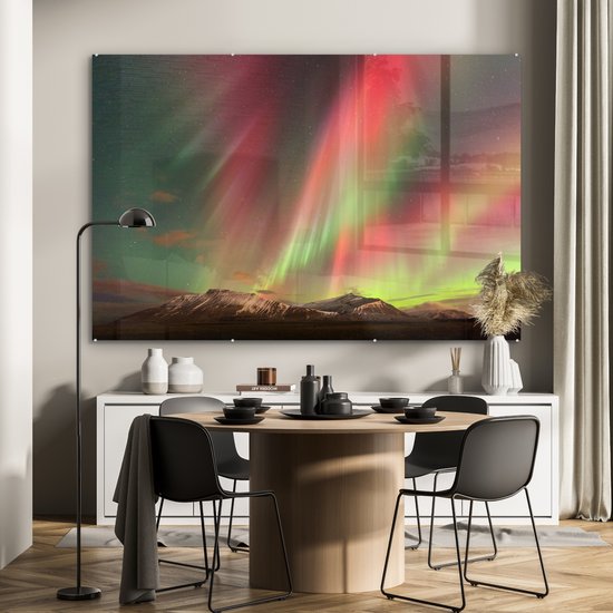 MuchoWow® Peinture sur verre 150x100 cm - Peinture sur verre acrylique - Aurores boréales - Vert - Rose - Berg - Photo sur verre - Peintures