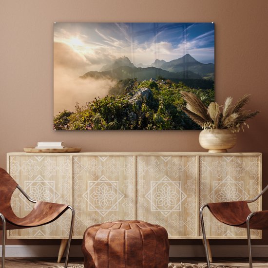 MuchoWow® Peinture sur Verre - Berg dans la brume - 90x60 cm - Peintures sur Verre Acrylique - Photo sur Glas