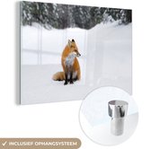 MuchoWow® Glasschilderij 30x20 cm - Schilderij acrylglas - Vos - Sneeuw - Winter - Foto op glas - Schilderijen