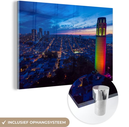 MuchoWow® Glasschilderij 30x20 cm - Schilderij acrylglas - Toren met de regenboog kleuren - Foto op glas - Schilderijen