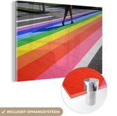 MuchoWow® Glasschilderij 120x80 cm - Schilderij acrylglas - Straat gemaakt van een regenboog - Foto op glas - Schilderijen