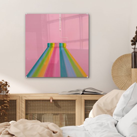 MuchoWow® Peinture sur verre 50x50 cm - Peinture sur verre - Rouleau à peinture qui fait des rayures arc-en-ciel - Photo sur verre acrylique - Peintures