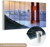 MuchoWow® Glasschilderij - Golden Gate Bridge en San Francisco op de achtergrond - 80x40 cm - Acrylglas Schilderijen - Foto op Glas