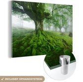 MuchoWow® Glasschilderij 120x80 cm - Schilderij acrylglas - Boom in de mist - Foto op glas - Schilderijen