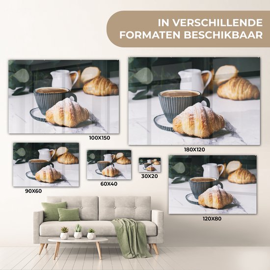 MuchoWow® Peinture sur verre 90x60 cm - Peinture sur verre acrylique - Croissant avec une tasse de café - Photo sur verre - Peintures