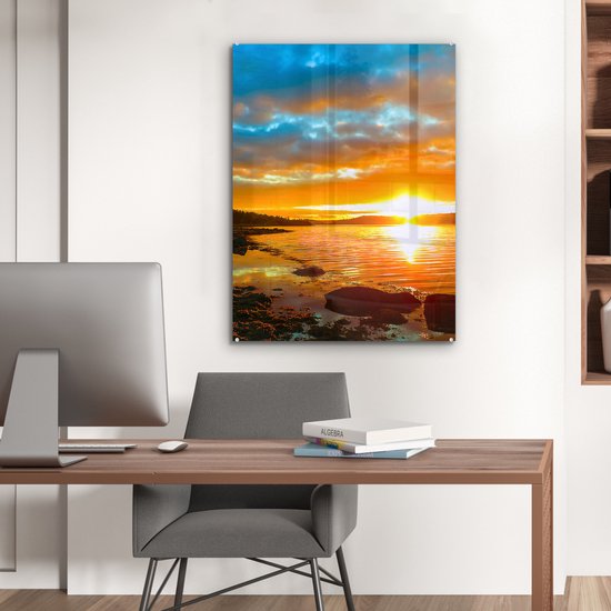 Peinture sur verre - Peinture sur verre - Coucher de soleil - Arbres - Mer - Photo sur verre - Décoration de chambre - Décoration murale nature - Verre acrylique - 60x80 cm - Peintures de salon