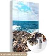 MuchoWow® Glasschilderij 80x120 cm - Schilderij acrylglas - Zomer - Zee - Water - Rots - Foto op glas - Schilderijen