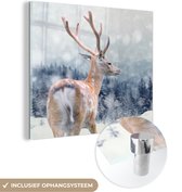 MuchoWow® Glasschilderij 50x50 cm - Schilderij acrylglas - Hert - Sneeuw - Dier - Foto op glas - Schilderijen