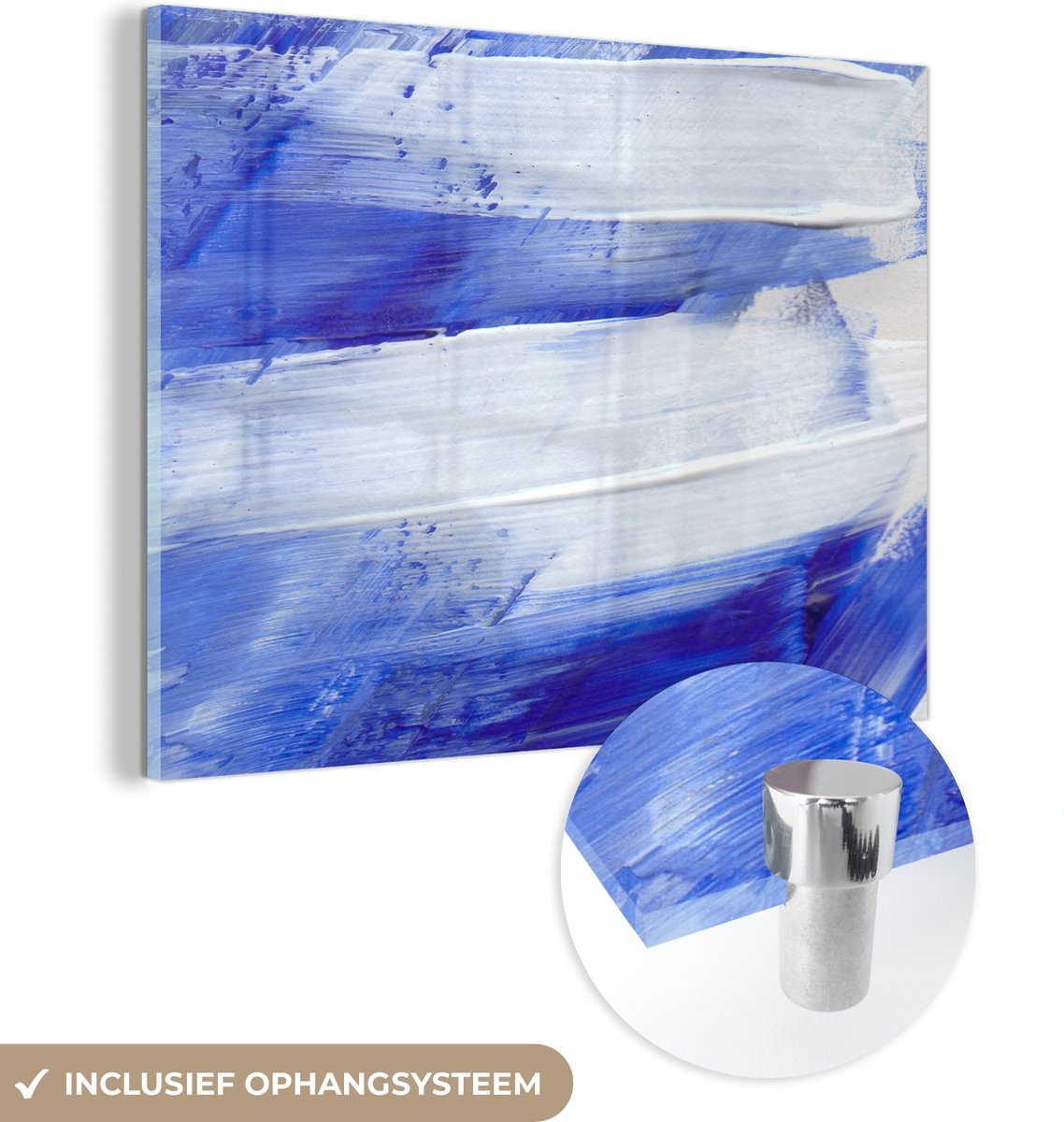 MuchoWow® Glasschilderij 80x60 cm - Schilderij acrylglas - Verf - Design - Blauw - Foto op