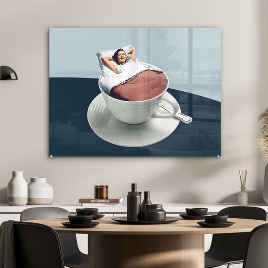 MuchoWow® Peinture sur Verre - Femme - Café - Vintage - 80x60 cm - Peintures sur Verre Acrylique - Photo sur Glas