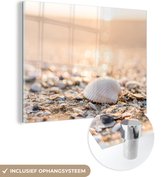 Glasschilderij - Wanddecoratie - Schelpen - Strand - Zon - Acrylplaat - Glasschilderij natuur - Foto op glas - Glasschilderij strand - Acrylglas - 80x60 cm - Schilderijen woonkamer - Muurdecoratie