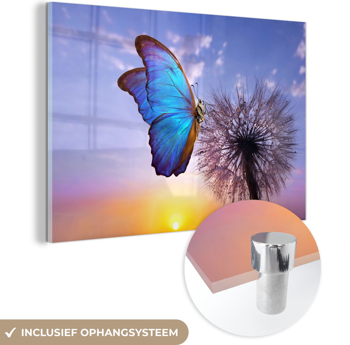 Glasschilderij - Foto op glas - Vlinders - Bloemen - Zon - Blauw - Paardenbloem - Acrylverf - 90x60 cm - Schilderij glas - Glasschilderij vlinder - Glasschilderij dieren - Wanddecoratie
