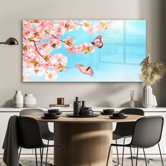 MuchoWow - Glasschilderij - Vlinder - Bloemen - Bloesem takken - Natuur - Roze - Insecten - Foto op glas - Acrylverf - 120x60 cm - Glasschilderij vlinders - Wanddecoratie glas - Glasschilderij bloemen - Muurdecoratie dieren