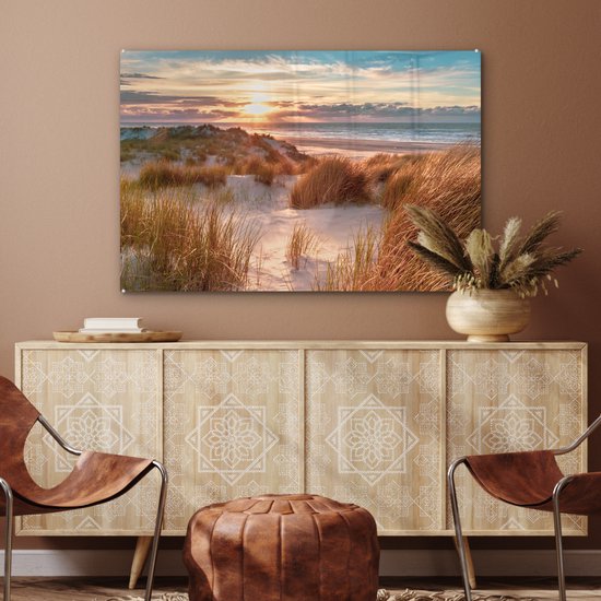 Peinture sur verre - Feuille acrylique - Plage - Mer - Dune - Photo sur verre - Peinture sur verre - Décoration murale - 120x80 cm - Verre acrylique - Peintures de salon