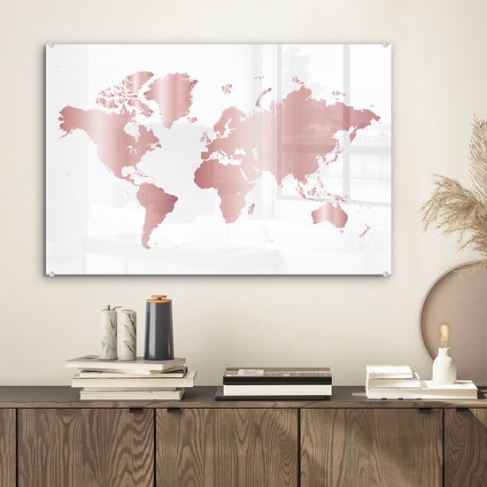 Tableau sur verre MuchoWow® 60x40 cm - Tableau sur verre acrylique - Wereldkaart - Rose - Enfants - Garçons - Filles - Photo sur verre - Décoration murale salon - Décoration murale chambre - Peintures