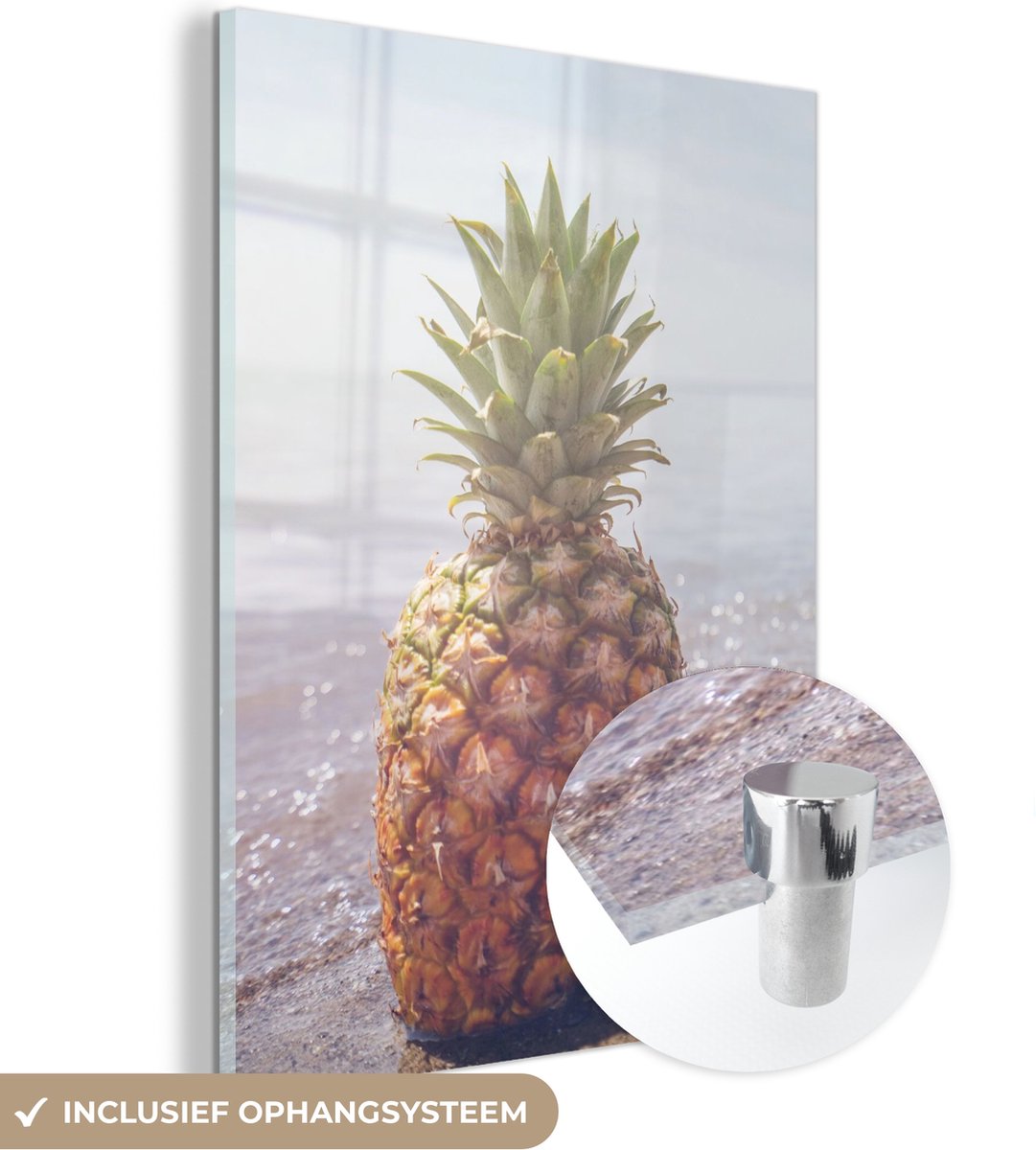 MuchoWow® Glasschilderij 120x160 cm - Schilderij acrylglas - Ananas - Strand - Zomer - Zon - Foto op glas - Schilderijen