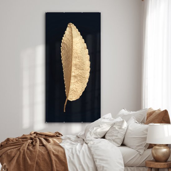 MuchoWow® Tableau sur Verre - Feuilles - Noir et Or - Luxe - Chic - Nature - 80x160 cm - Peintures sur Verre Acrylique - Photo sur Glas