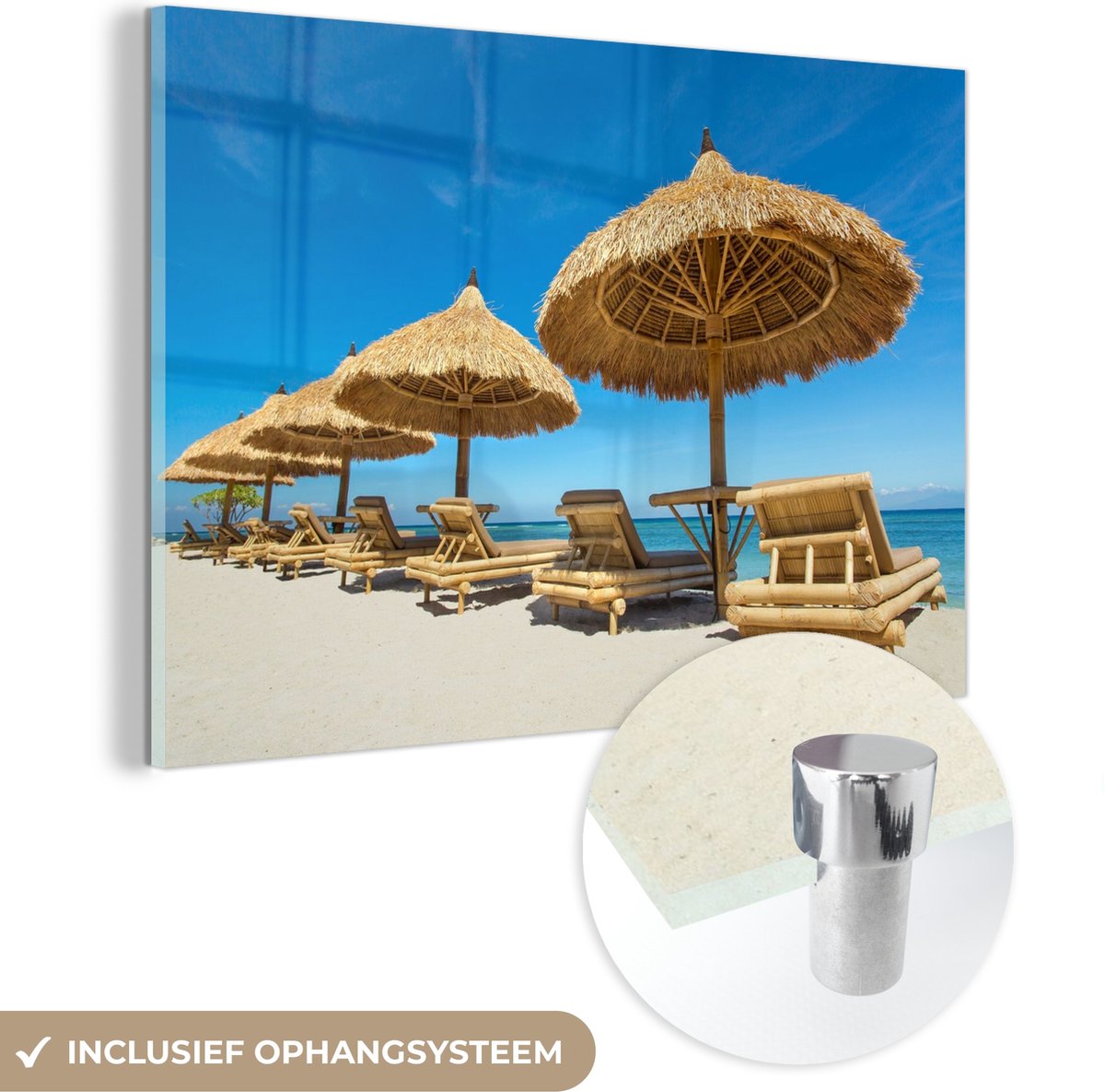 MuchoWow® Glasschilderij 60x40 cm - Schilderij acrylglas - Strandstoel - Strand - Parasol