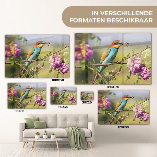 MuchoWow® Peinture sur verre 60x40 cm - Peinture sur verre acrylique - Vogel - Guêpier - Fleurs - Photo sur verre - Peintures