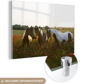 MuchoWow® Glasschilderij 150x100 cm - Schilderij acrylglas - Paarden - Bloemen - Zon - Foto op glas - Schilderijen