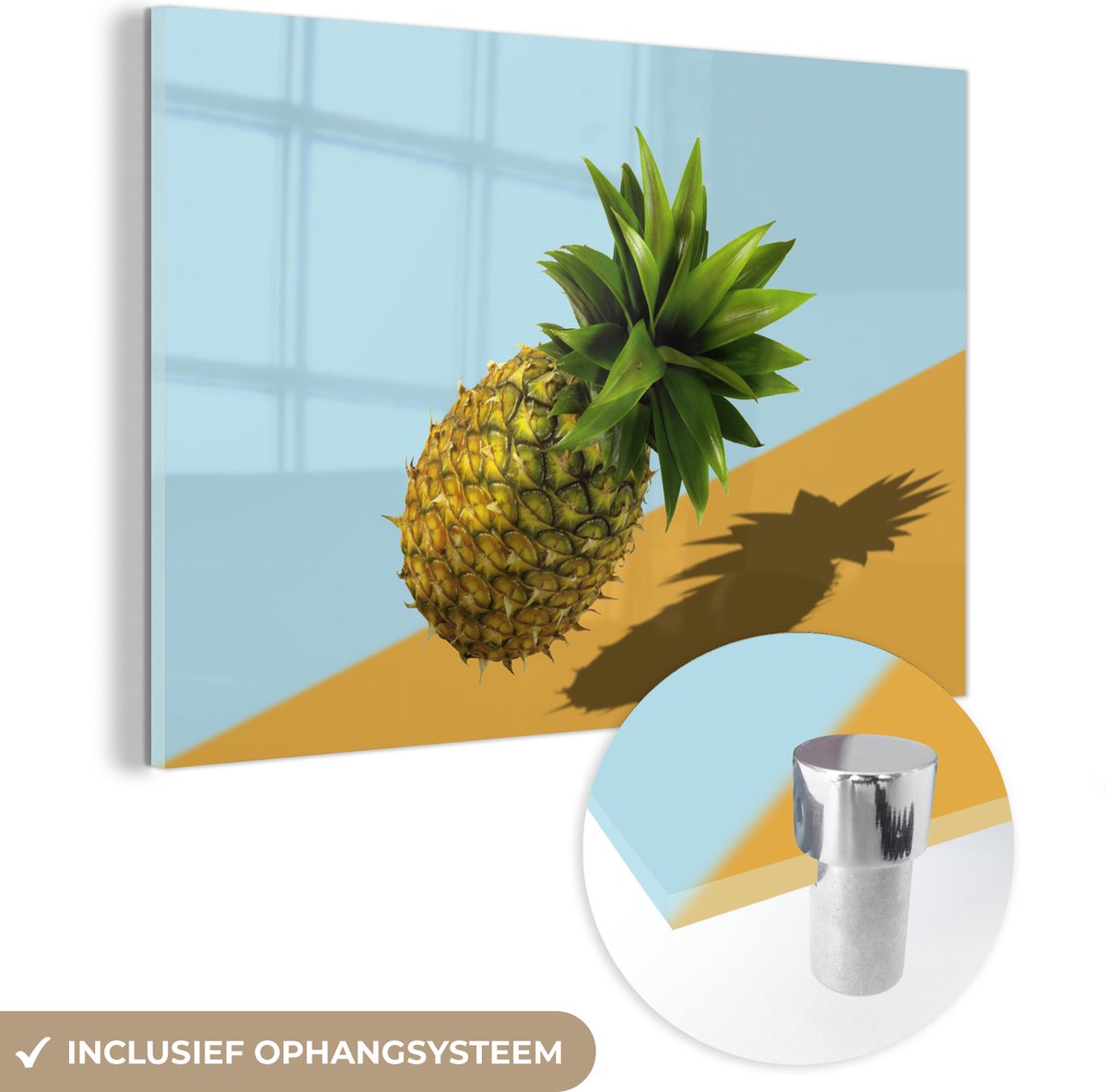 ® Glasschilderij 30x20 cm - Schilderij acrylglas - Ananas - Schaduw - Blauw - Geel - Foto op glas - Muurdecoratie woonkamer - Wanddecoratie slaapkamer - Schilderijen