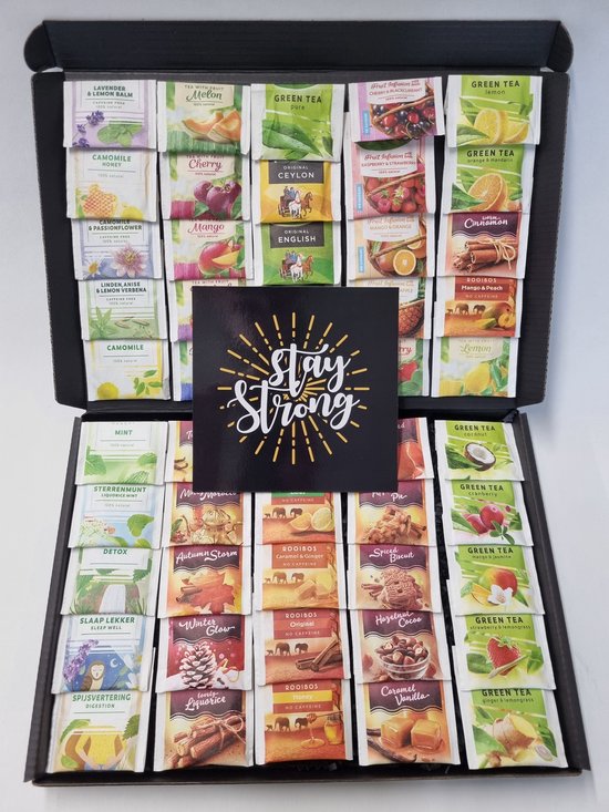 Thee Proeverij Pakket | Theepakket met 50 verschillende theesmaken met Mystery Card 'Stay Strong' met persoonlijke (video)boodschap | Verjaardag | Sinterklaas | Kerstpakket | Vaderdag | Moederdag | Jubileum | Valentijnsdag