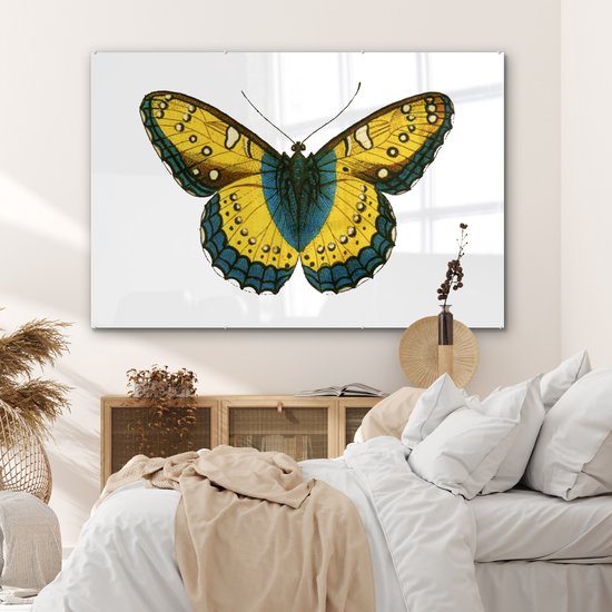 MuchoWow® Glasschilderij 180x120 cm - Schilderij acrylglas - Vintage - Vlinder - Geel - Foto op glas - Schilderijen